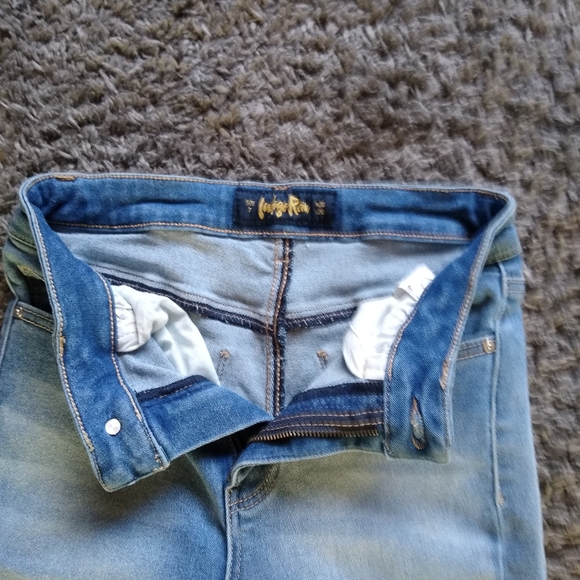 Indigo Rein Patchwork Flare Jeans Size 7 Y2K Boho Colorblock Raw Hem - Picture 13 of 13